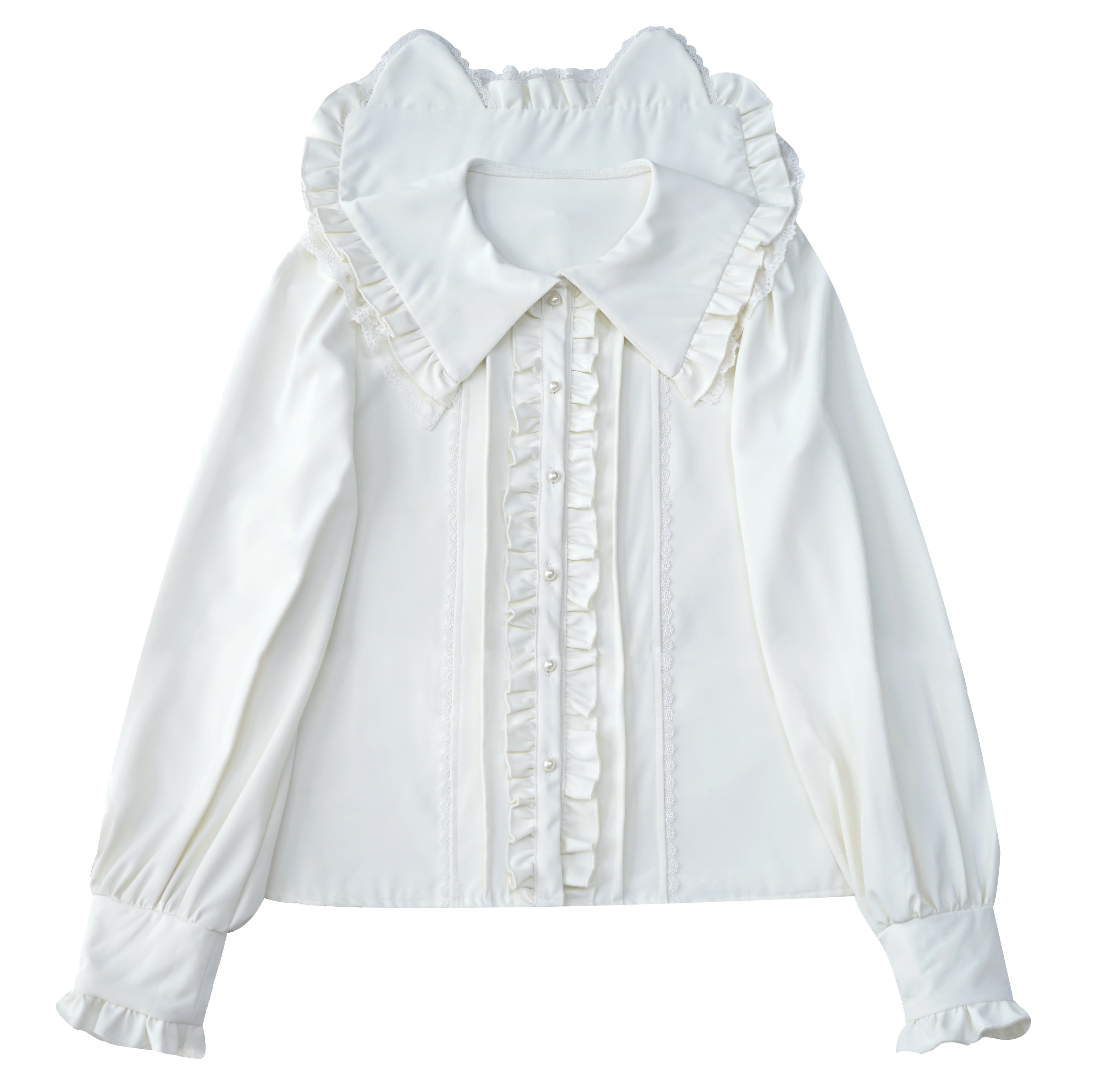 Kawaii Cat Ear Lolita Blouse with Lace Ruffles and Red Ribbon Long Sleeve Doll Collar Top